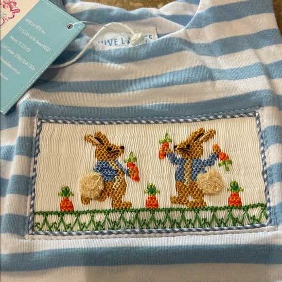 Blue & White Striped Baby One-Piece Romper with Bunny Smocked Panel - Picture 2 of 2